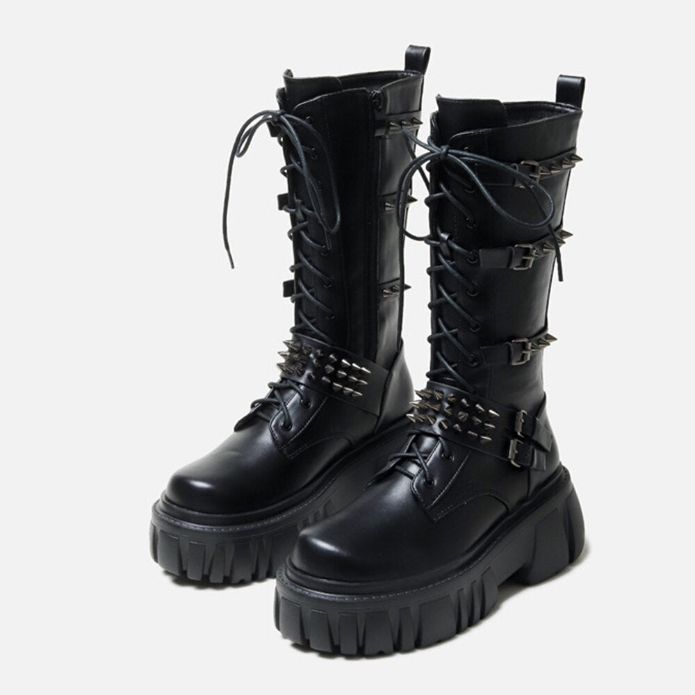 Women's Punk Style Round Toe Lace Up High Heel Motorcycle Ankle Boots