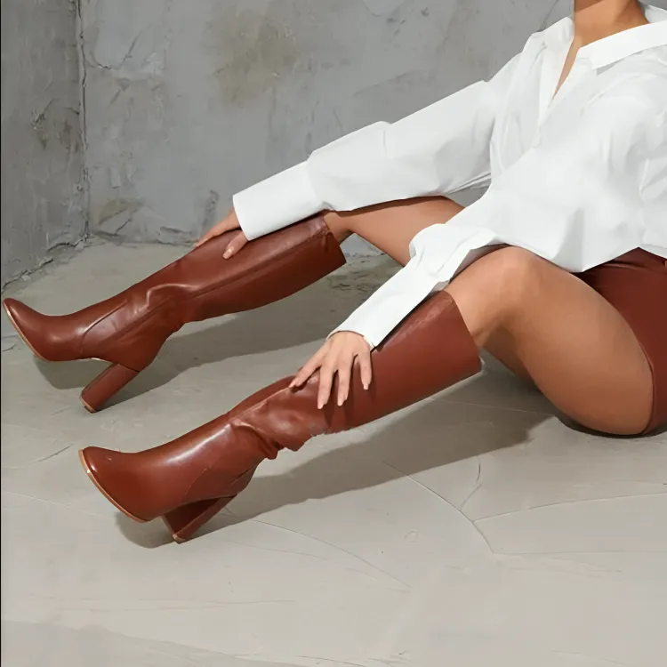 Women's Sexy Pointed Toe Side Zipper Chunky Heel Knee High Boots