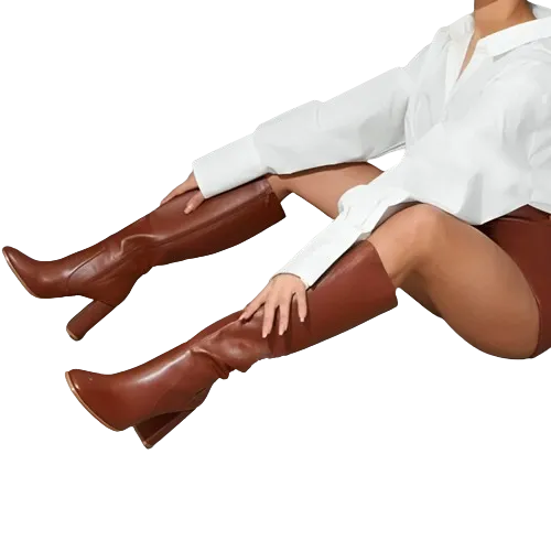 Women's Sexy Pointed Toe Side Zipper Chunky Heel Knee High Boots