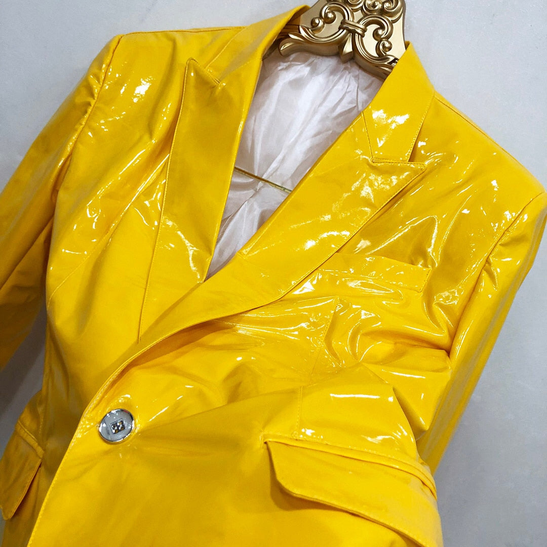 Yellow Mirror Bright Skinny Fit Soft Lacquer Leather Blazer Jacket for Men