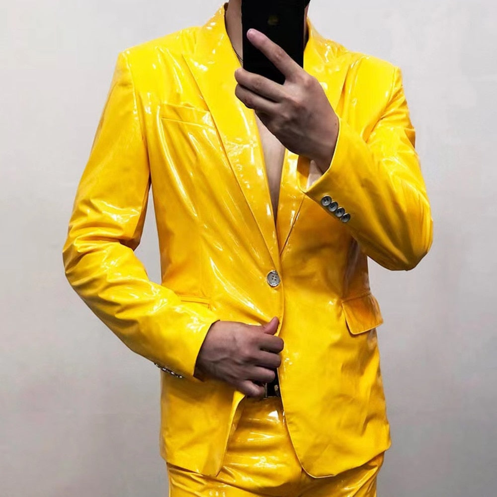 Yellow Mirror Bright Skinny Fit Soft Lacquer Leather Blazer Jacket for Men