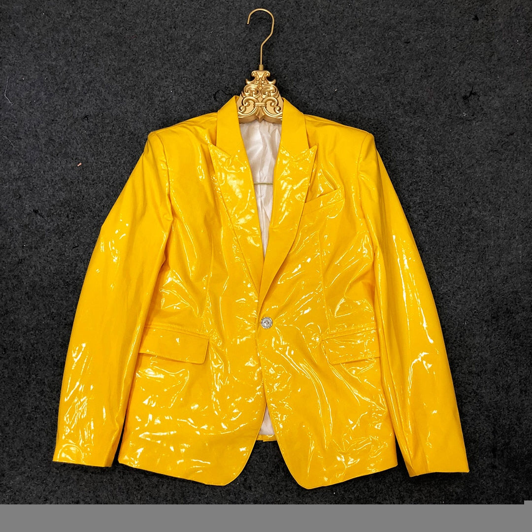 Yellow Mirror Bright Skinny Fit Soft Lacquer Leather Blazer Jacket for Men